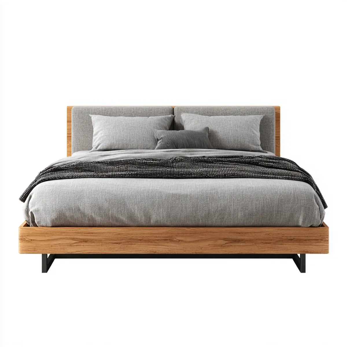 Doppelbett Polsterbett Grau Natur 180 x 200 cm Eichenholz Polyester Rechteckig
