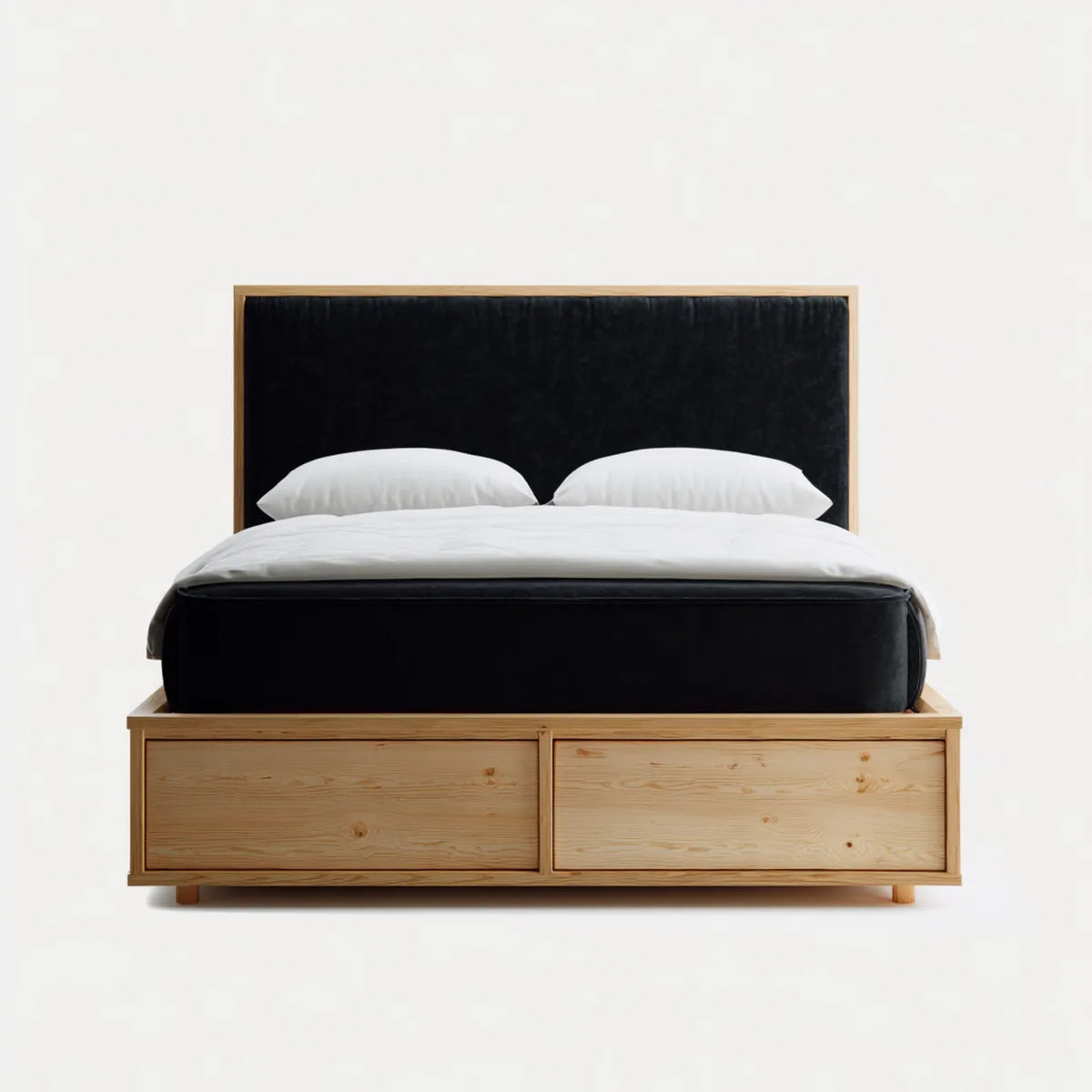 Doppelbett mit 2 Schubladen Schwarz Natur 180 x 200 cm Kiefer Massivholz Polyester-Samt rechteckig