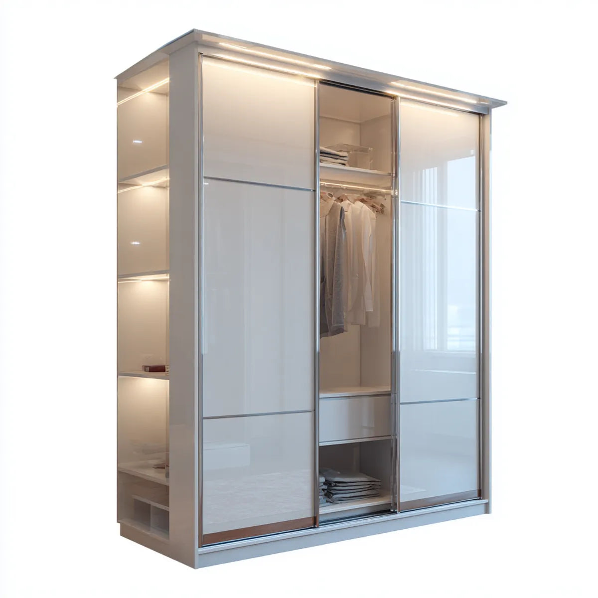Schiebetürenschrank Weiß Silber 200 x 60 x 220 cm aus MDF Aluminium und Glas Rechteckig mit LED-Beleuchtung